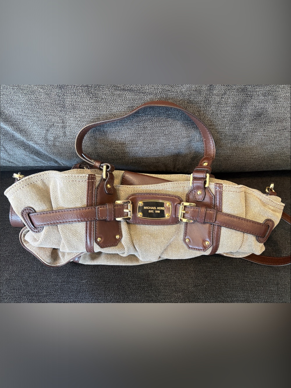 Michael Kors Beige Canvas Messenger Bag with Brown Leather Trim